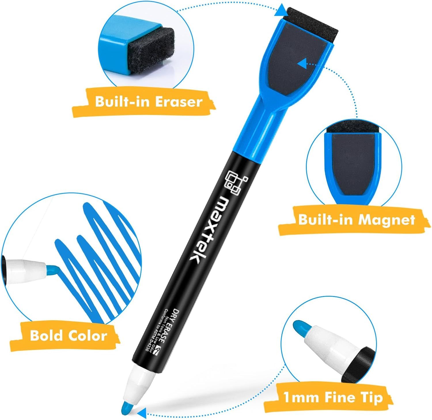 This image breaks down the marker's key physical components and features—eraser, magnet, bold color ink, and fine tip—to help shoppers understand the product's design and functionality.