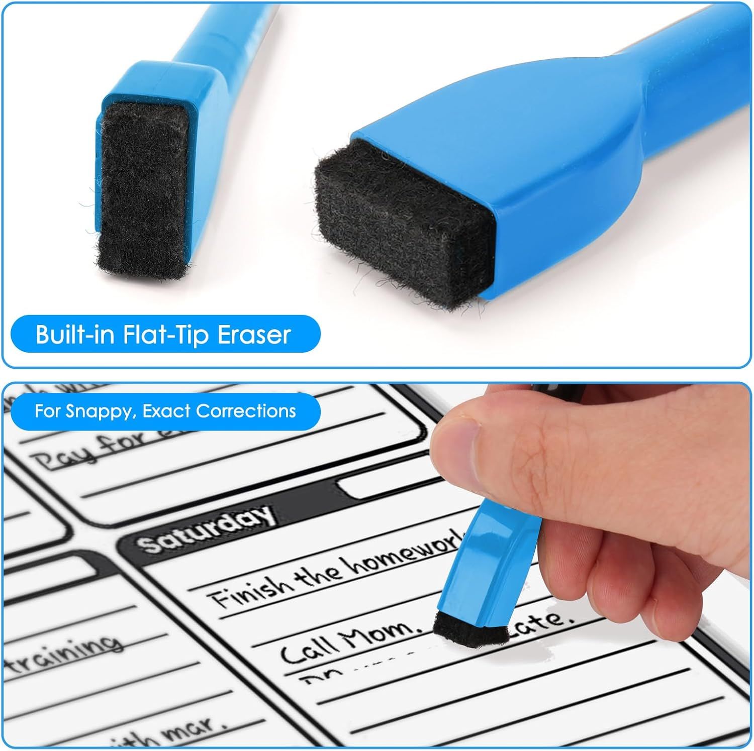 Highlights the physical component of the product—a built-in flat-tip eraser—to show what the product includes and how it is designed for precise corrections. Demonstrates the benefit of the flat-tip…