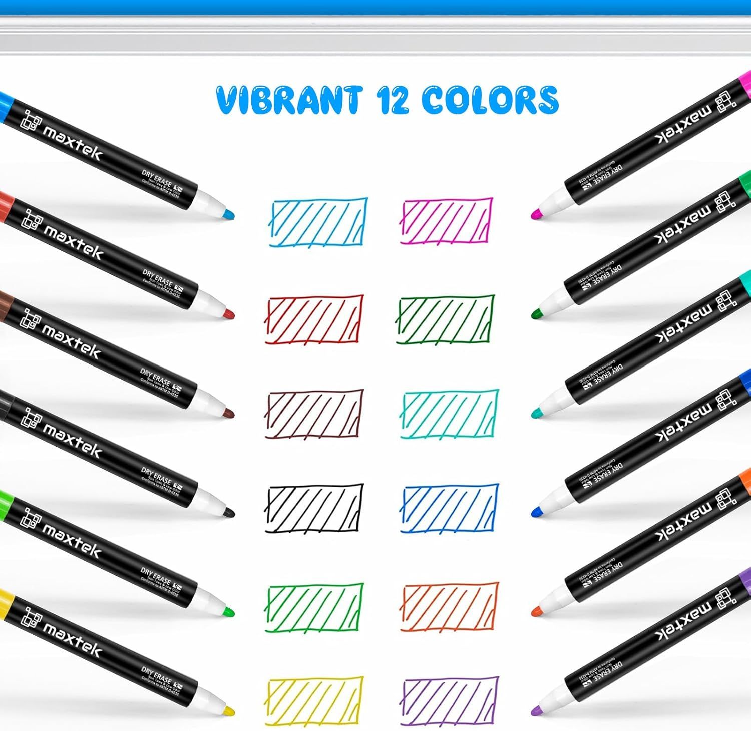 Shows all 12 vibrant marker colors included in the set, demonstrating the variety and color options the customer receives with their purchase.