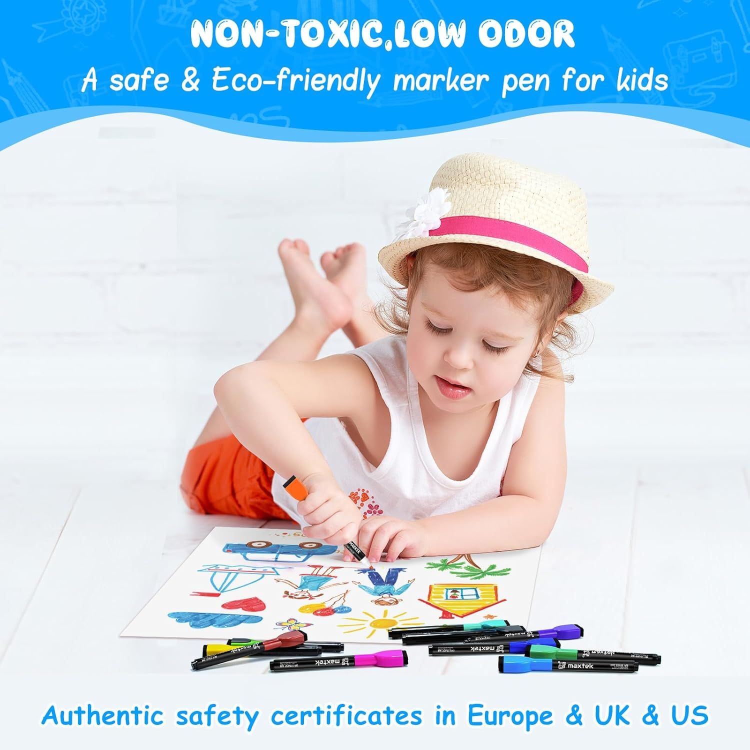 Reassures parents that the marker pens are safe for children to use, highlighting non-toxic materials, low odor, eco-friendliness, and authentic safety certifications in Europe, UK, and US.…