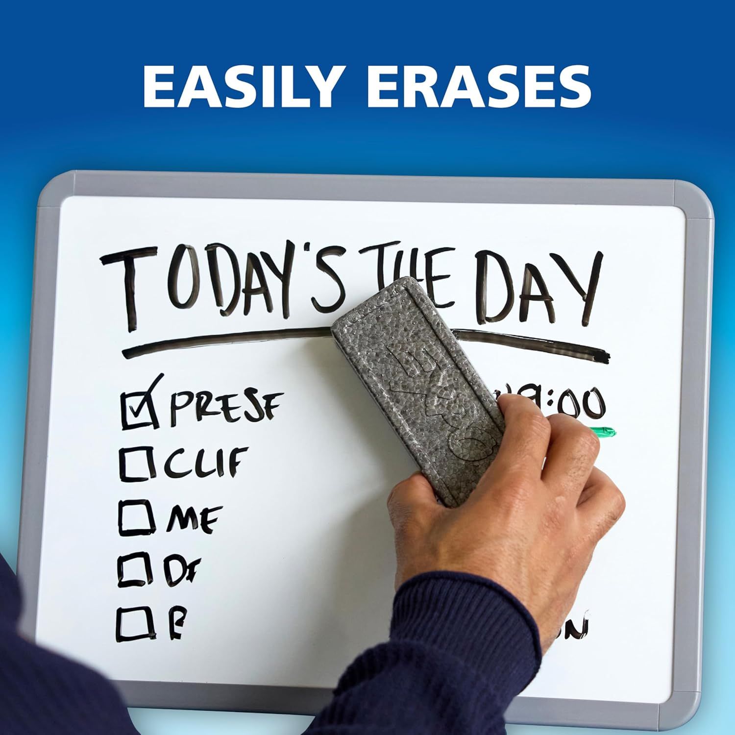 Demonstrates that the whiteboard eraser effectively removes marker writing, reassuring shoppers of the product's cleaning performance.