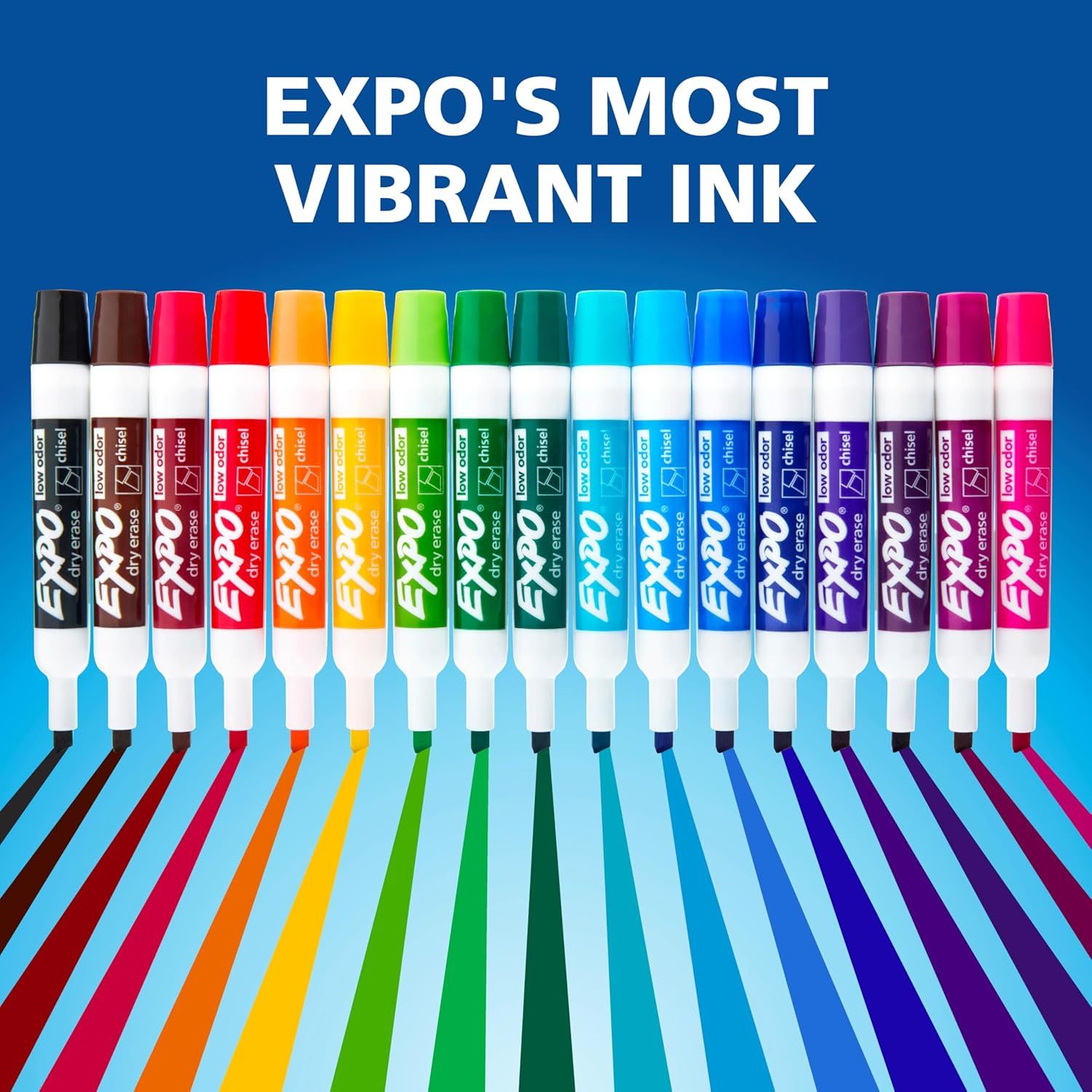 Showcases the Expo brand's complete product lineup of dry erase markers, emphasizing the wide variety of vibrant ink colors available to appeal to shoppers looking for colorful writing options.
