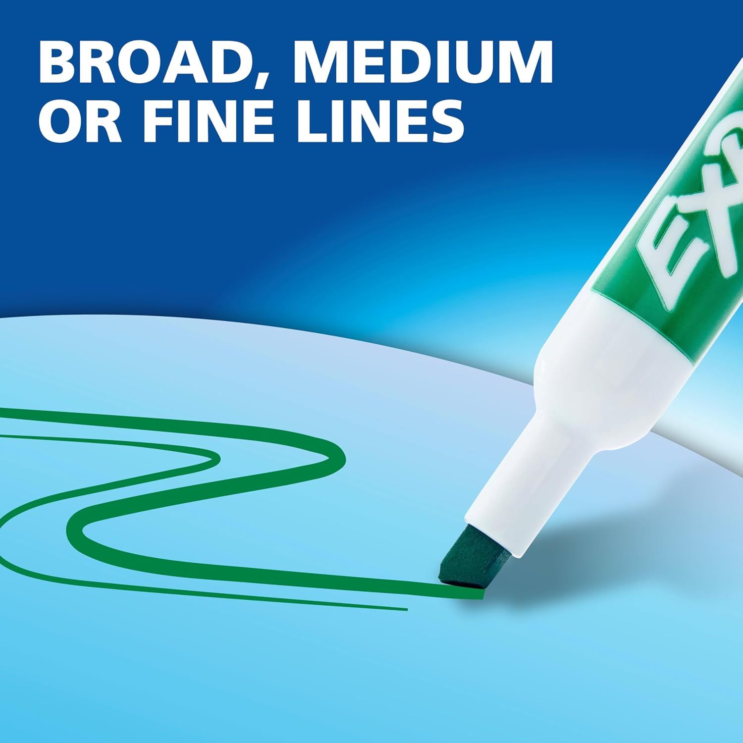 Communicates that the marker can draw broad, medium, or fine lines, highlighting its versatility for different writing or drawing needs.
