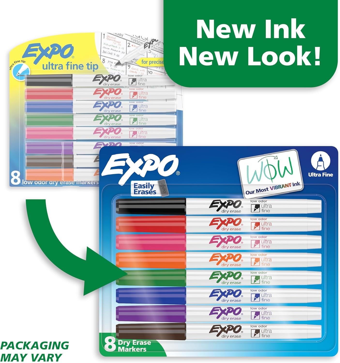 Communicates a brand refresh and packaging redesign to shoppers, showing the transition from old to new packaging while emphasizing the improved vibrant ink formula.