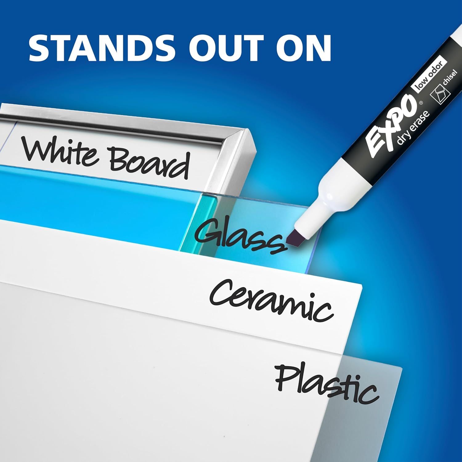 Demonstrates that the EXPO dry erase marker works on multiple surfaces including white boards, glass, ceramic, and plastic, reassuring shoppers of its versatility and broad usability.