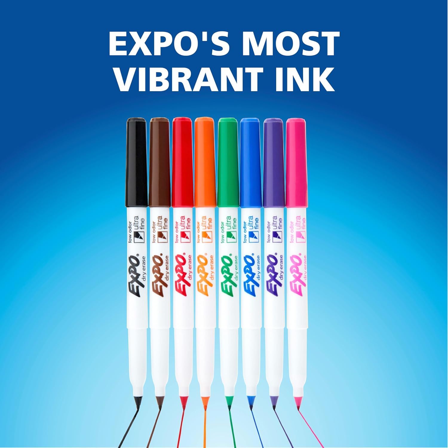 Showcases the EXPO brand's full range of vibrant ink marker colors, helping shoppers understand the variety of options available in the product line.