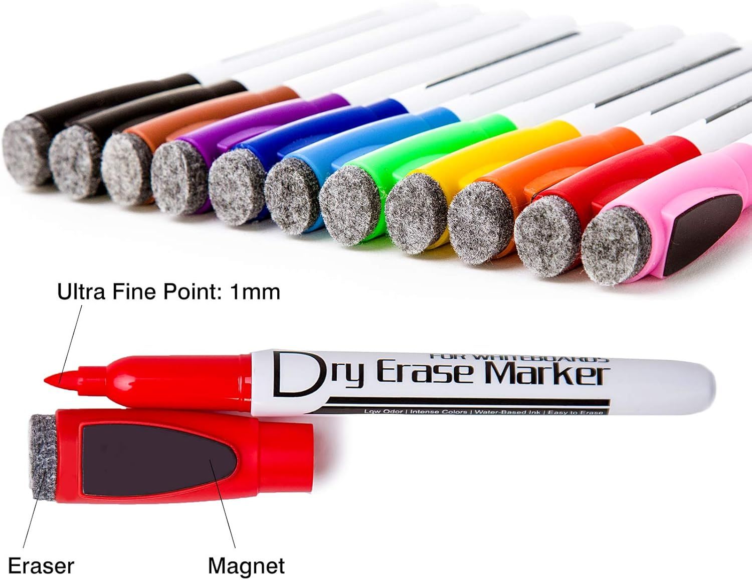 This image breaks down the key physical components of the dry erase marker to help shoppers understand its design features: the ultra-fine 1mm tip for precise writing, the built-in eraser for…