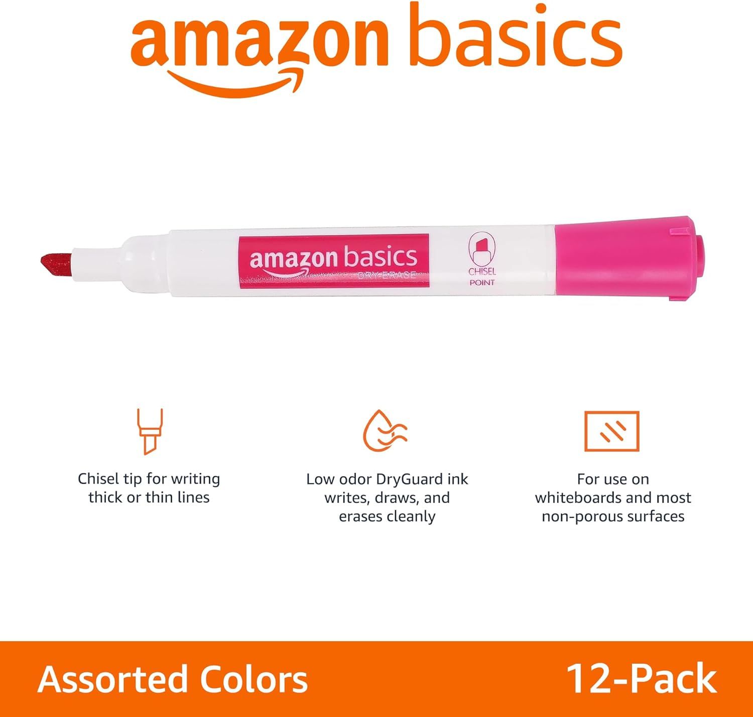Communicates three distinct product benefits in a segmented layout to show the marker's versatility, quality ink, and surface compatibility.