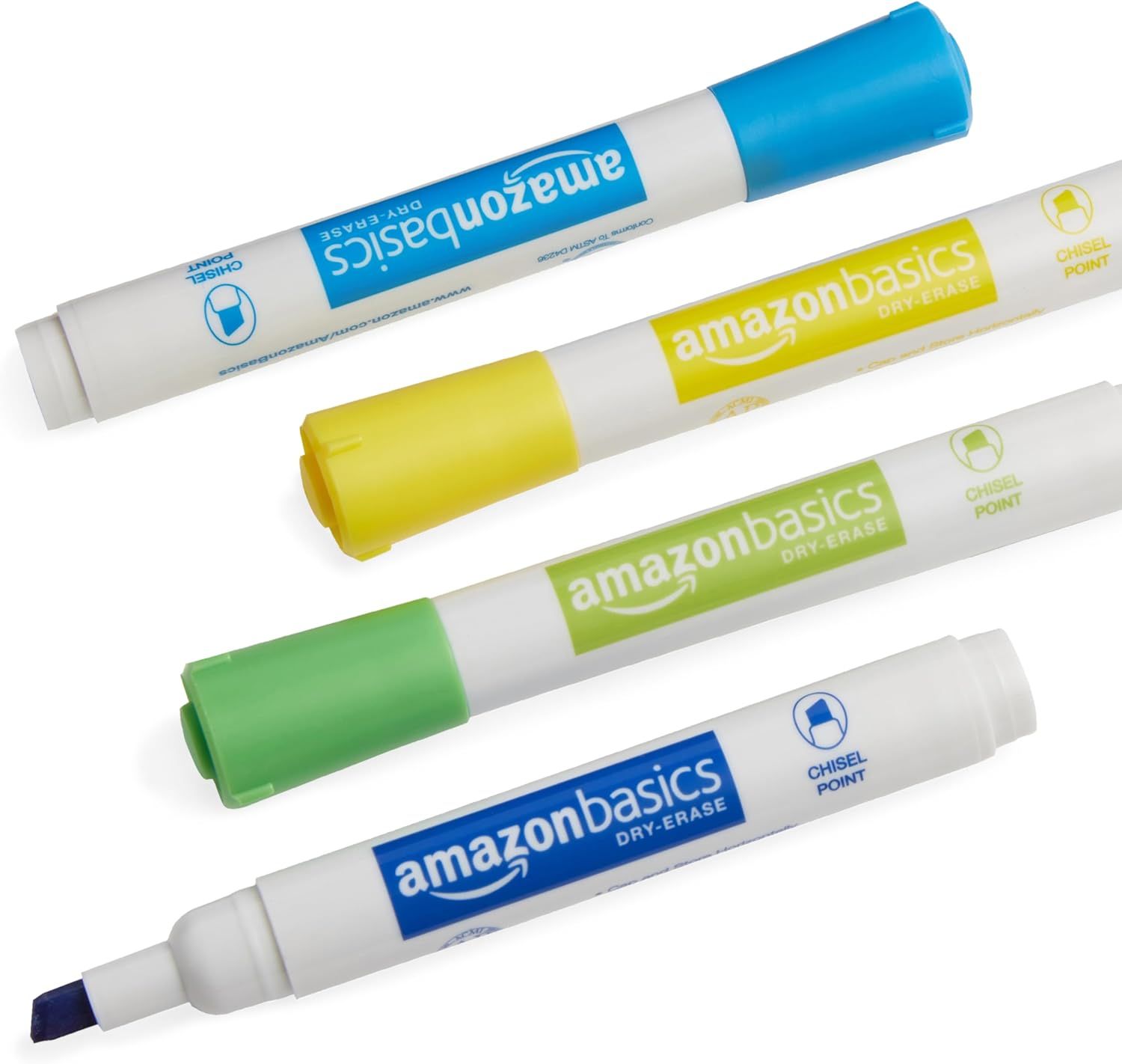 Showcases the AmazonBasics dry-erase marker product line with multiple color options (blue, yellow, green, dark blue) to help shoppers understand the variety available and choose the right option…