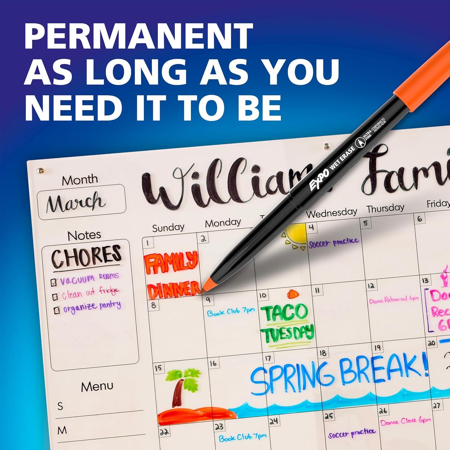Communicates that the marker's ink is permanent and durable, reassuring shoppers that their writing on calendars and planners will last as long as needed.