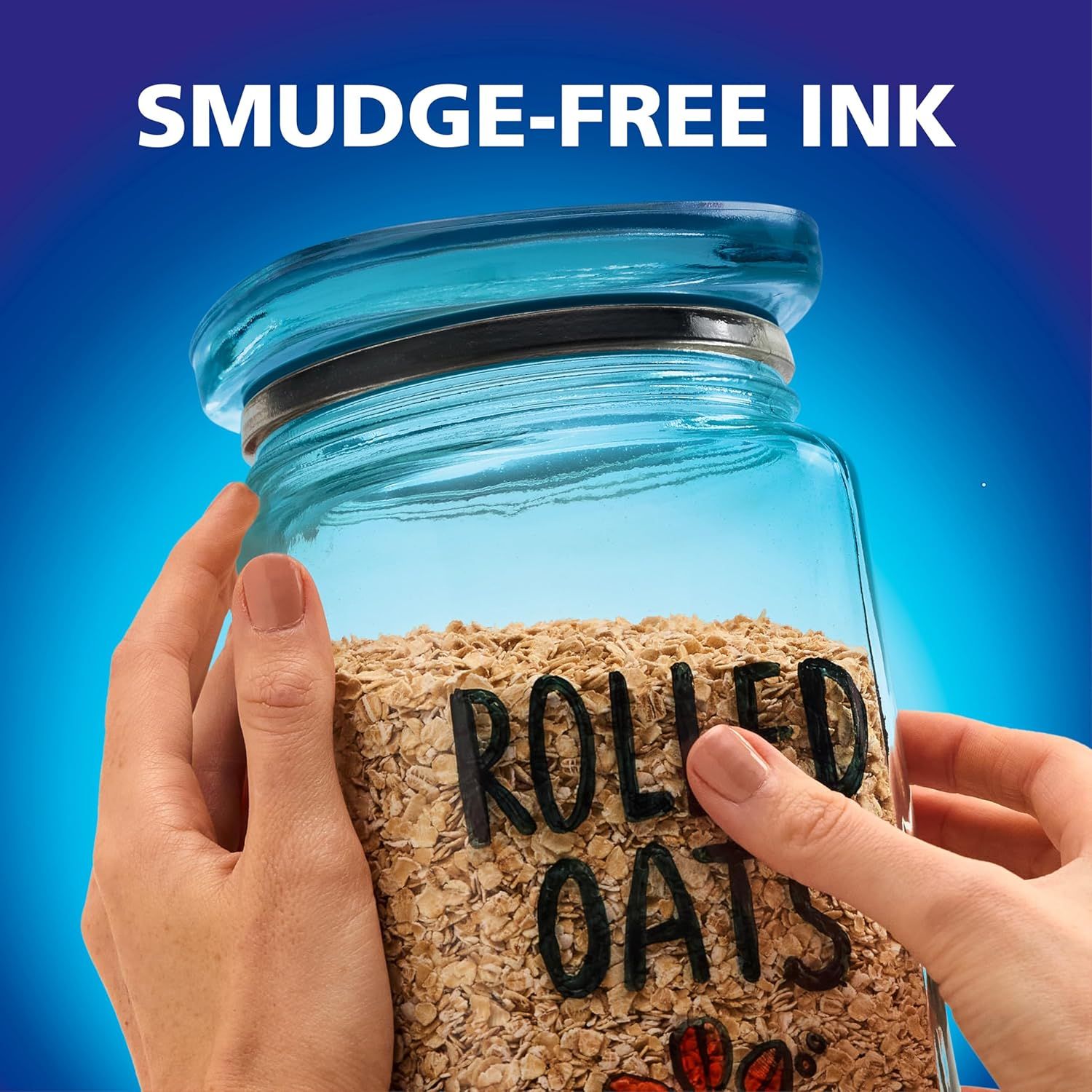 Demonstrates that the product's ink is smudge-free, reassuring shoppers that their writing or labeling will remain clean and legible even when handled.