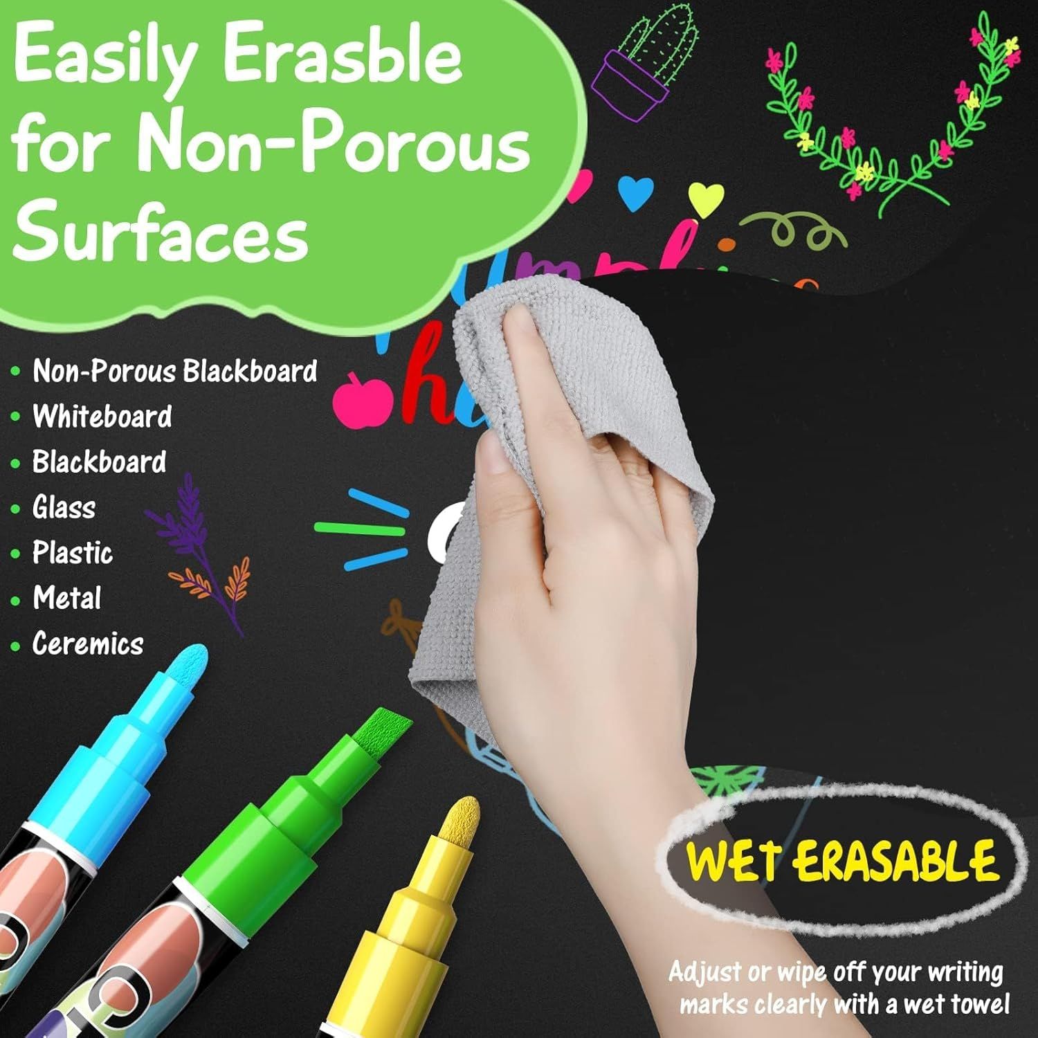 Demonstrates the product's versatility by showing it works on multiple non-porous surfaces (blackboard, whiteboard, glass, plastic, metal, ceramics) and can be easily erased with a wet towel.