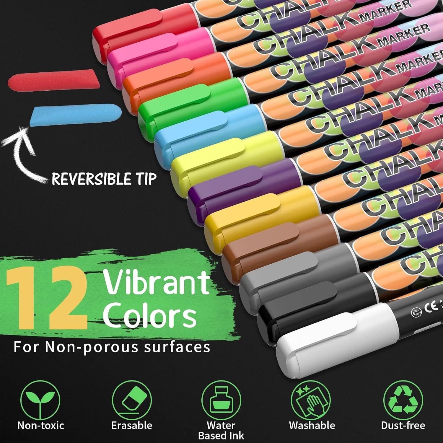 Communicates multiple key selling benefits of the chalk markers including the reversible tip design, color variety, and safety/convenience features (non-toxic, erasable, washable, water-based,…