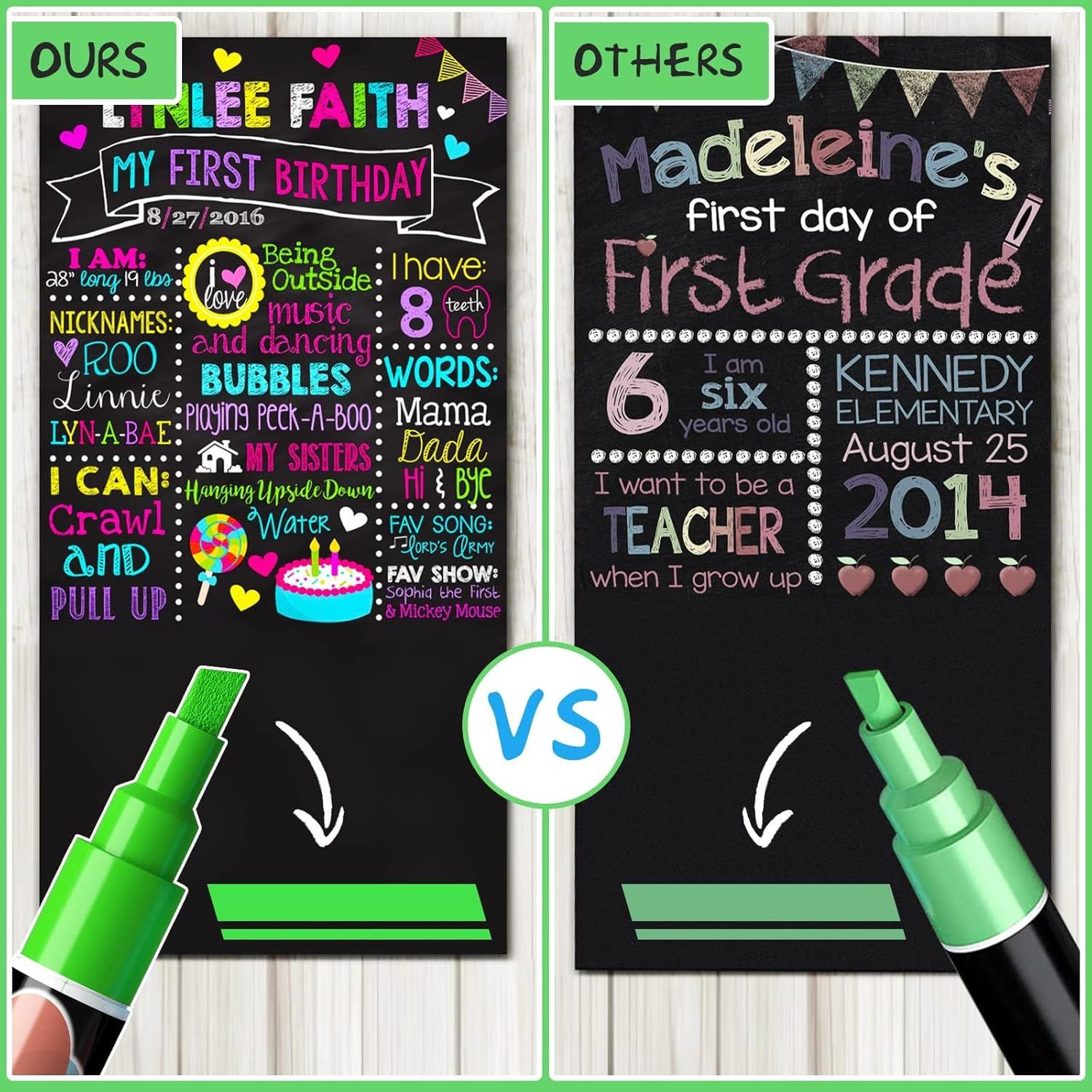 This image demonstrates the visual superiority of the advertised product (left) compared to a competitor's version (right), showing more vibrant colors, better design elements, and professional…