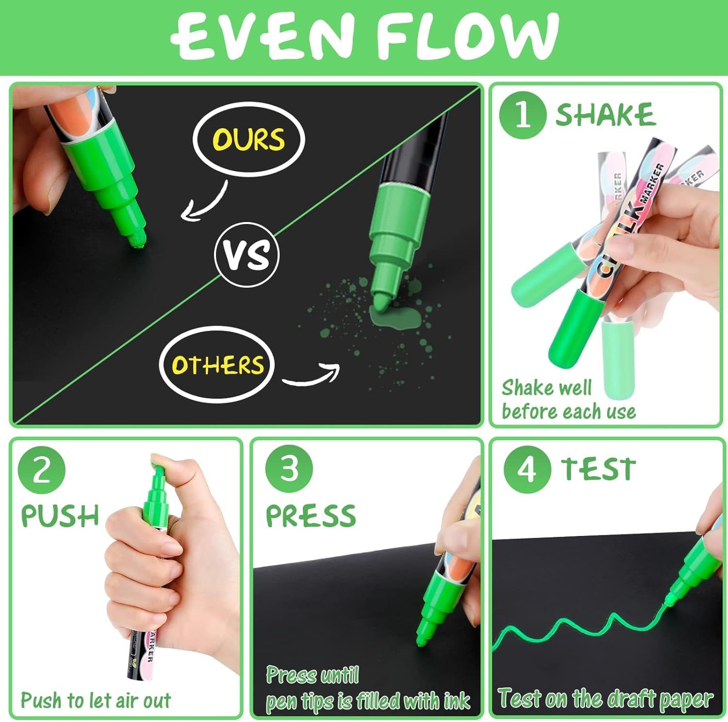 Provides clear step-by-step instructions on how to properly use the marker (shake, push, press, test) while demonstrating the product's even flow advantage over competitors. Visually demonstrates…