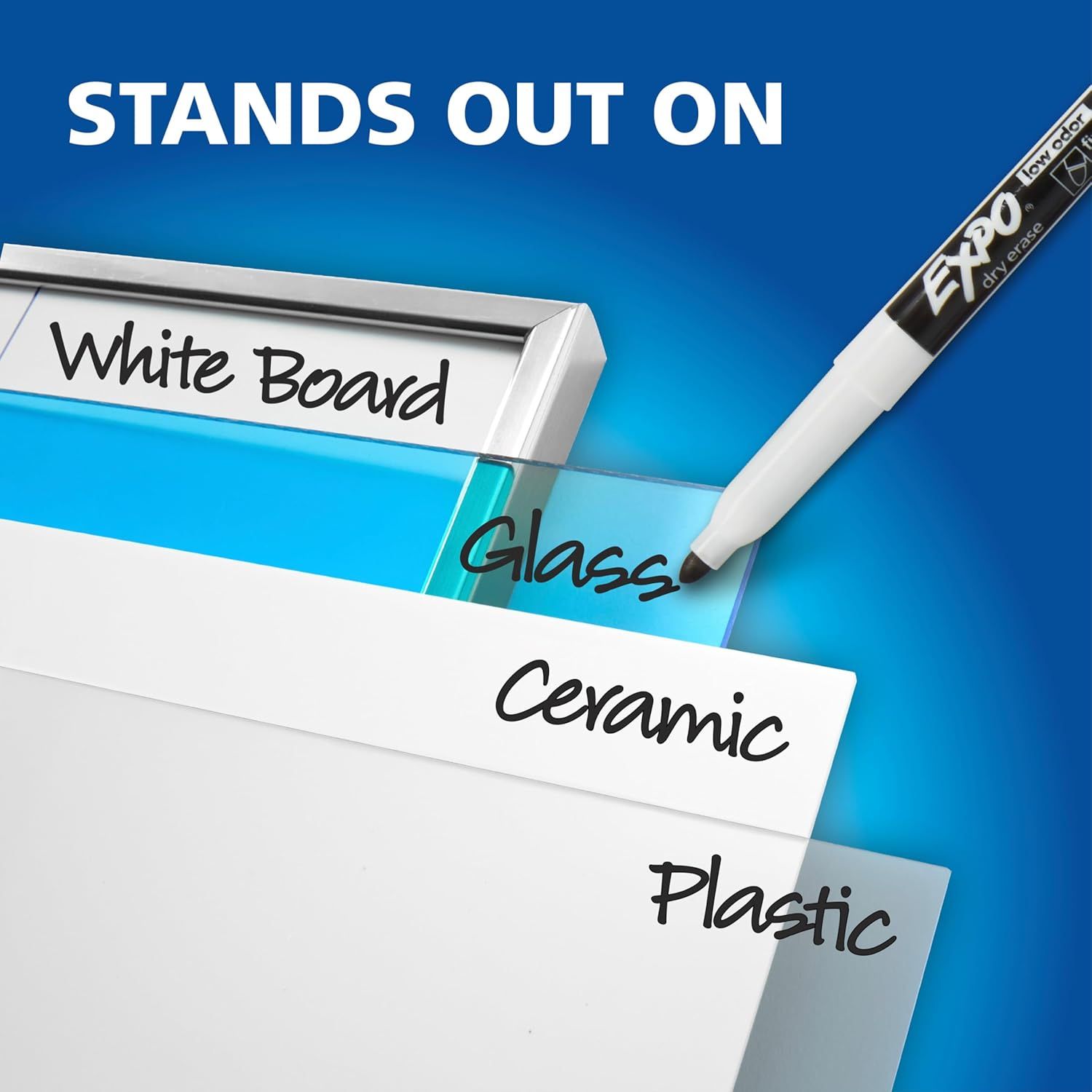 Demonstrates that the marker works on multiple surfaces including white board, glass, ceramic, and plastic, reassuring shoppers of its versatility and broad usability.