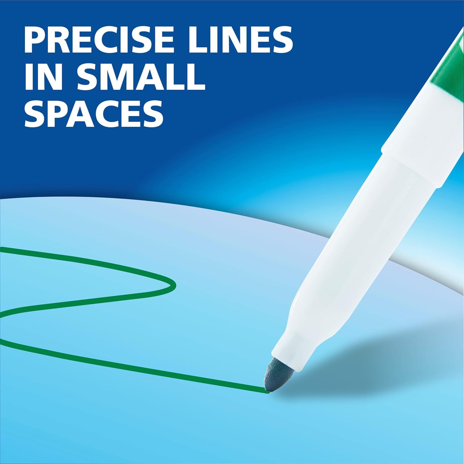 Highlights the marker's ability to draw precise, fine lines in tight or small spaces, reassuring shoppers of its accuracy and control for detailed work.