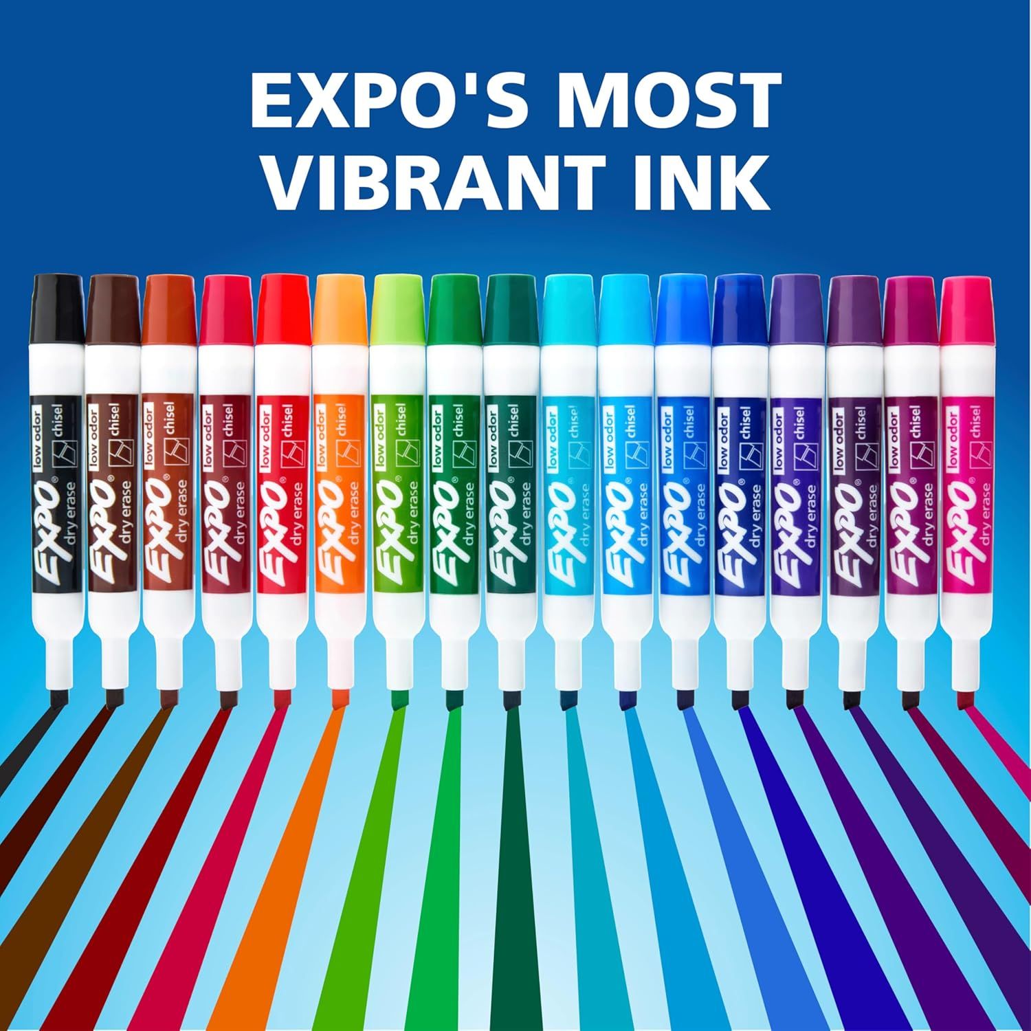 Showcases the EXPO brand's complete dry erase marker color lineup to communicate variety and vibrancy, helping shoppers understand the full range of color options available.