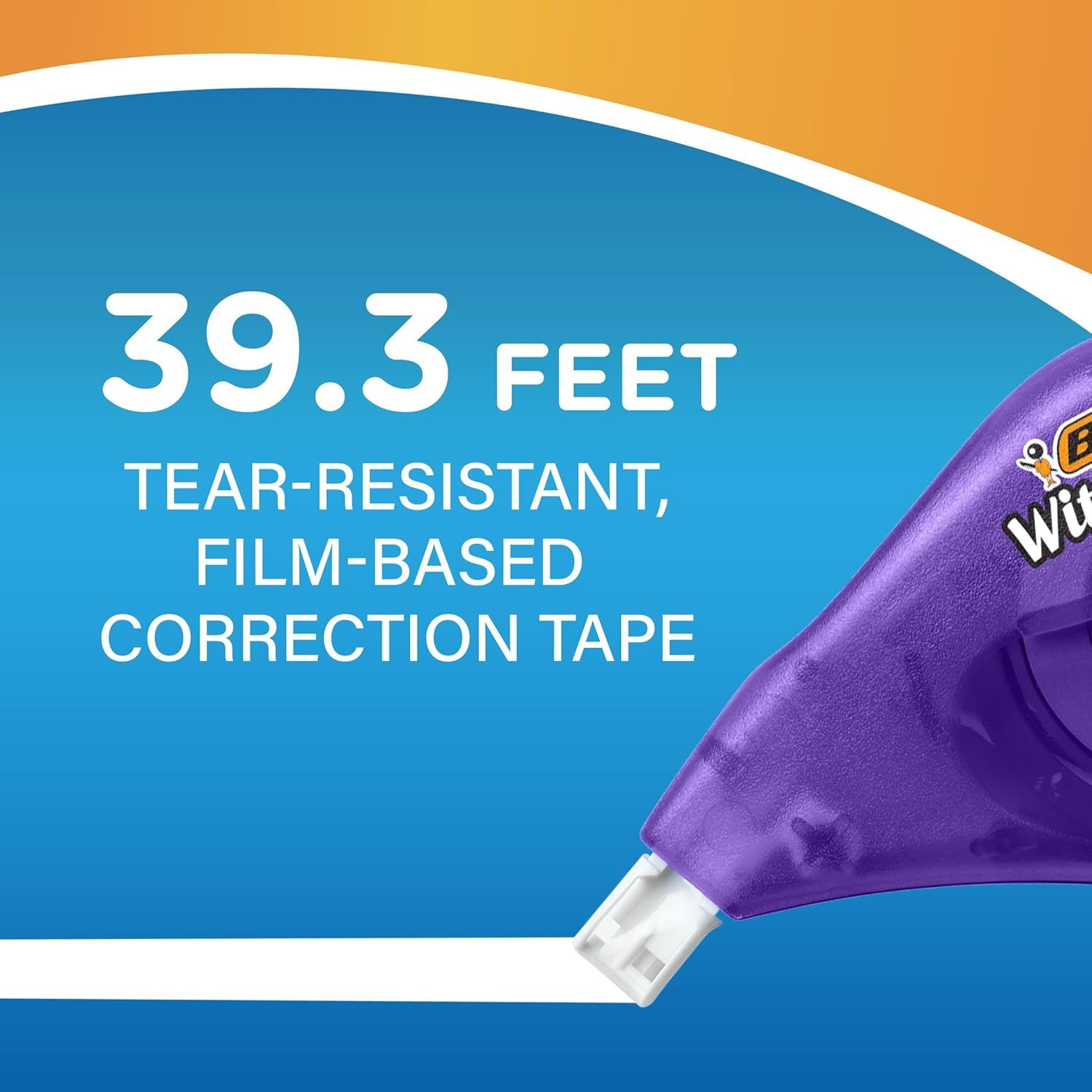 Communicates the impressive length of the correction tape (39.3 feet) and its tear-resistant, film-based construction to reassure shoppers of the product's value and durability. Highlights the…