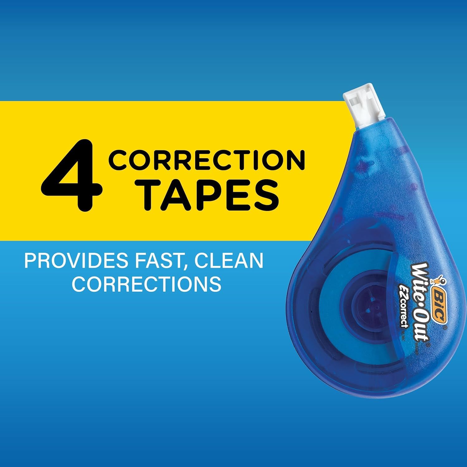 Communicates that the product includes 4 correction tapes and emphasizes the benefit of fast, clean corrections for shoppers looking for reliable correction supplies.