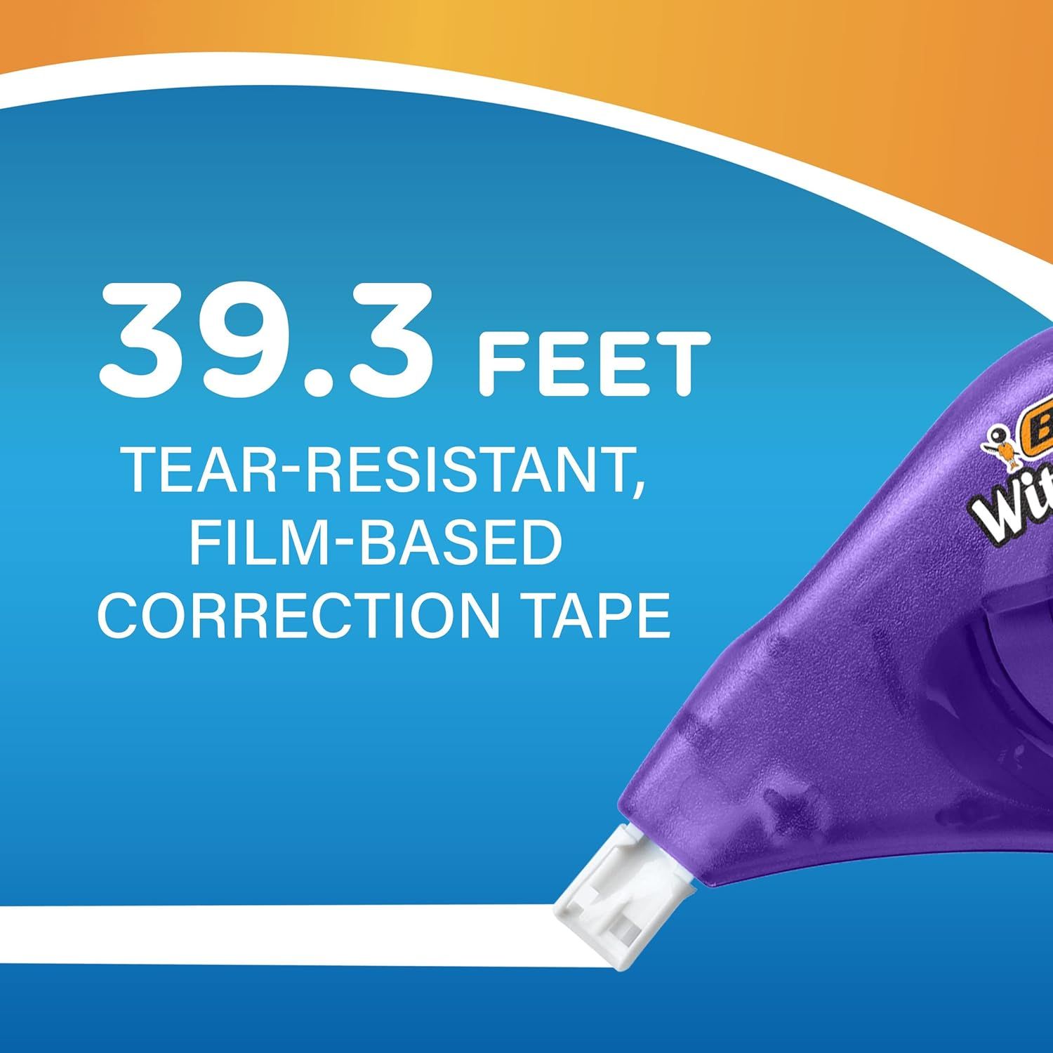 Communicates the generous length of the correction tape (39.3 feet) and its tear-resistant, film-based construction to reassure shoppers of the product's value and durability.