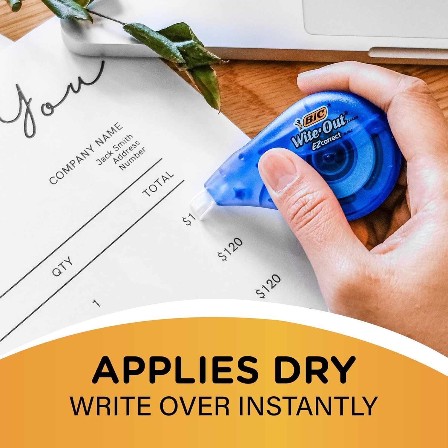 Demonstrates that the correction tape applies dry and allows immediate writing over mistakes, emphasizing convenience and time-saving for office or school use.