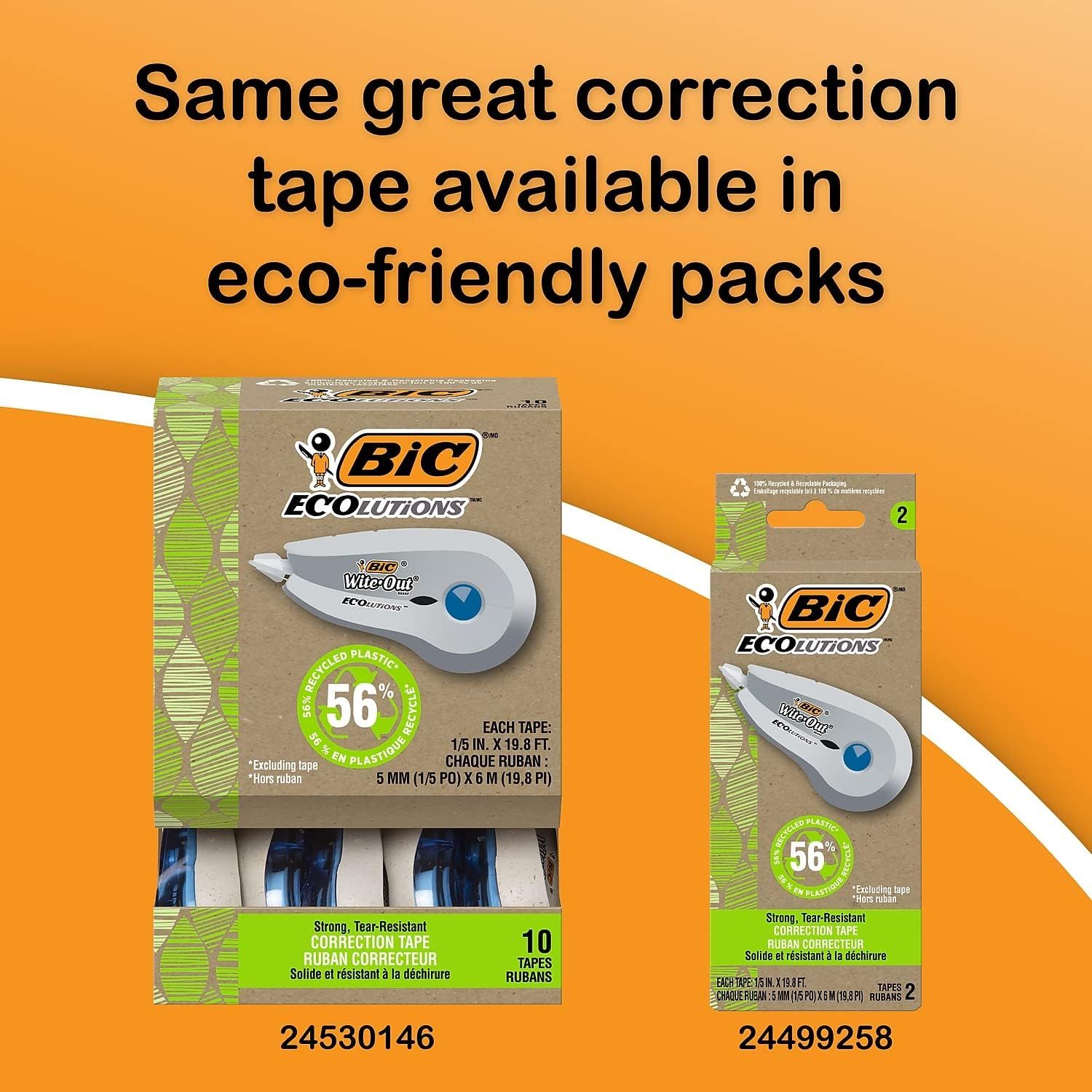 Communicates the environmental responsibility of the product by highlighting that the same correction tape is now available in eco-friendly packaging made with 56% recycled plastic, reassuring…