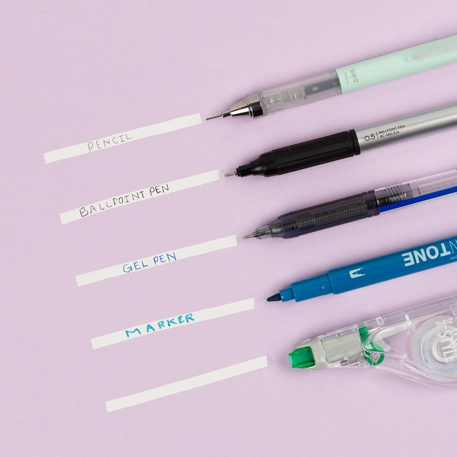 Displays the brand's product portfolio of different writing instruments (pencil, ballpoint pen, gel pen, marker) to help shoppers understand the variety of options available and choose the right…