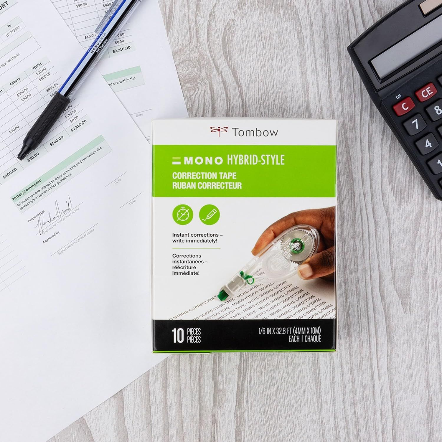 Communicates multiple key benefits of the correction tape: instant corrections with immediate write-over capability, using a visually segmented layout with icons and bilingual text to highlight the…