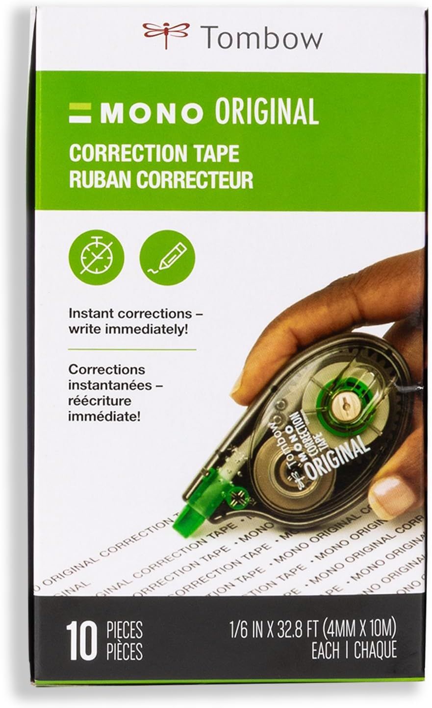 Communicates the key benefit that the correction tape allows for instant corrections and immediate writing over the corrected area, emphasizing speed and convenience for the user.