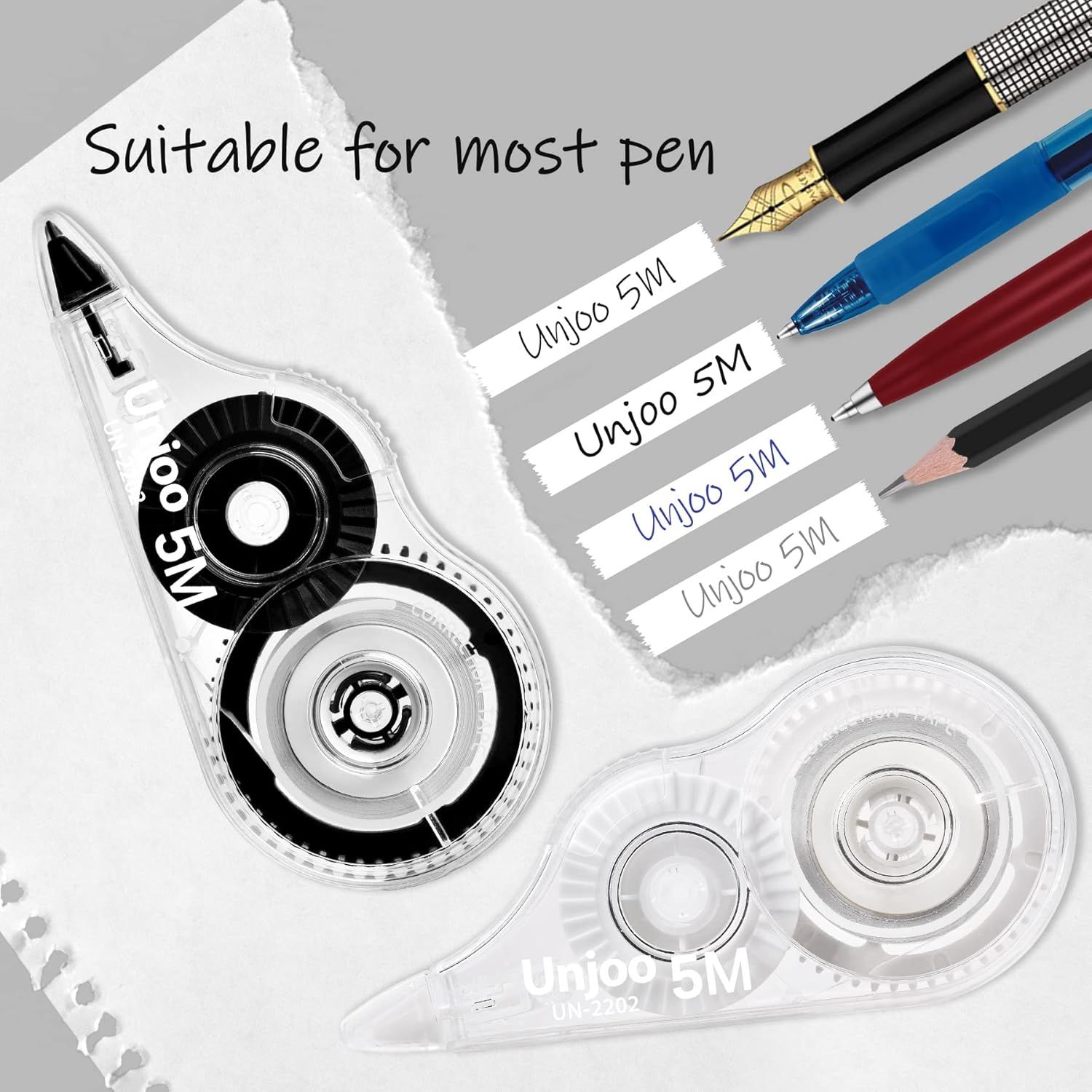 Demonstrates that the correction tape is compatible with most pen types, reassuring shoppers of its versatility and broad usability. Shows the product works with multiple pen types including…