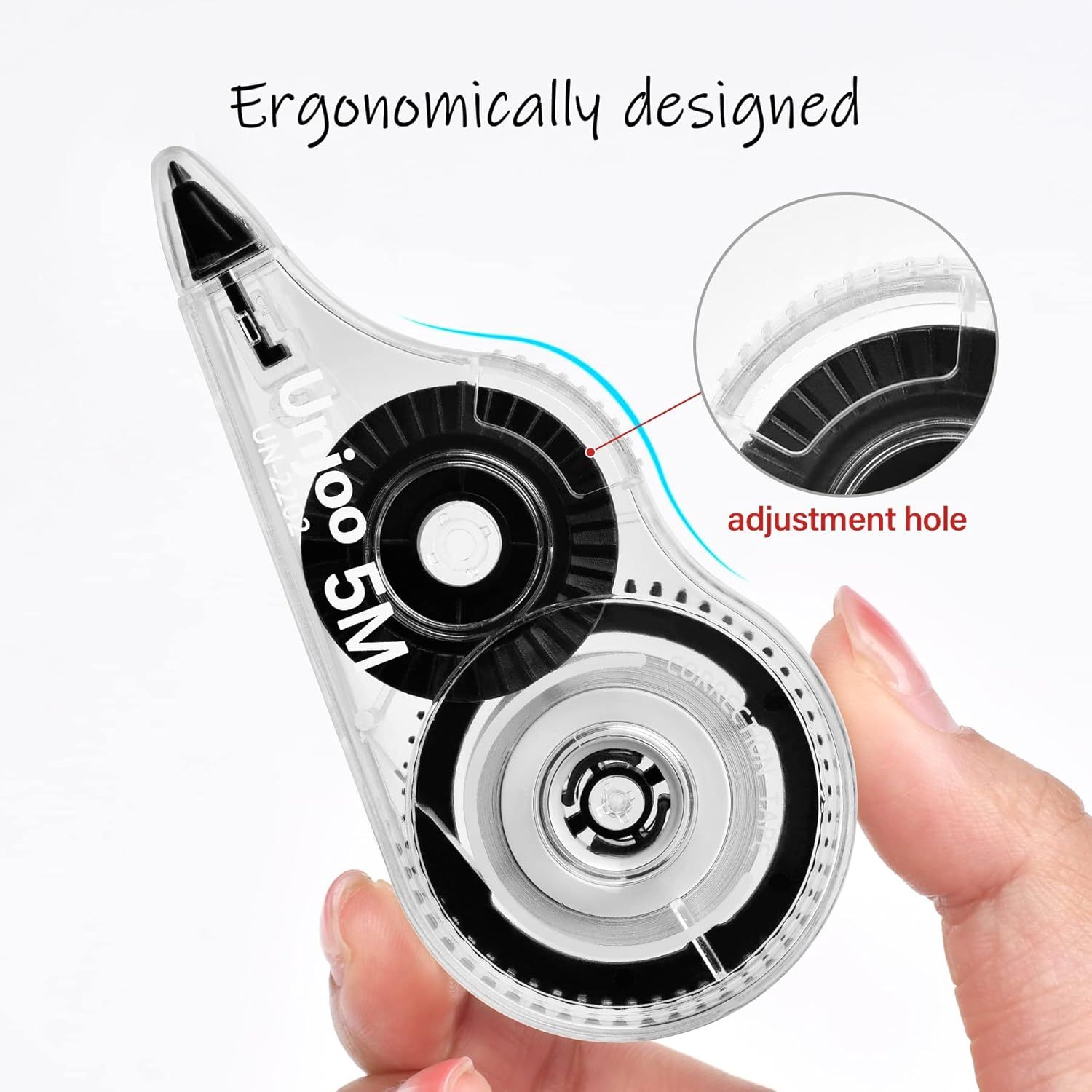 Highlights the physical components and ergonomic design of the correction tape, specifically pointing out the adjustment hole feature to help shoppers understand the product's construction and…