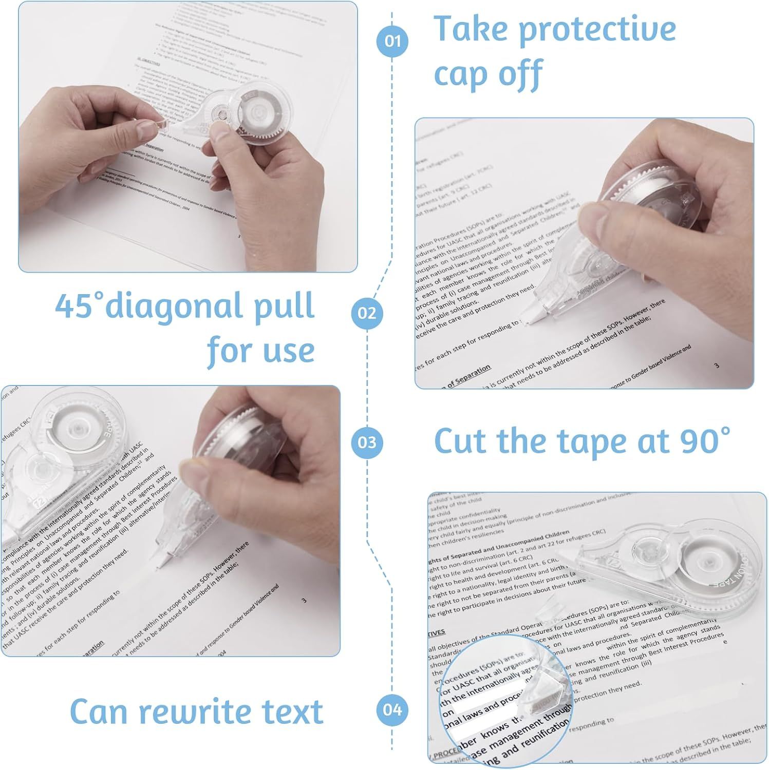 Demonstrates how to properly use the correction tape product through a clear 4-step instructional sequence, reassuring shoppers that the product is easy to operate.