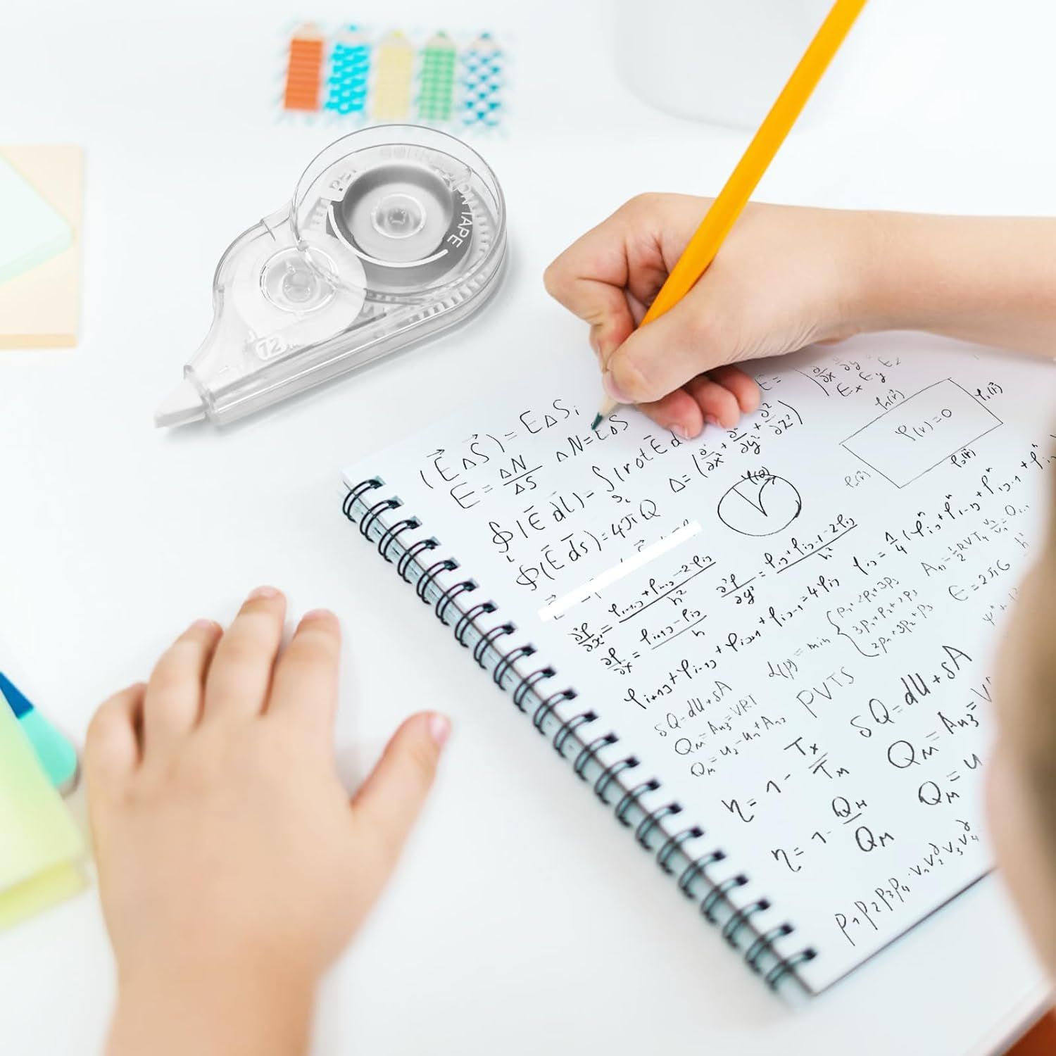 Demonstrates the product in a real-world educational context, showing students using the correction tape while doing homework or studying, helping shoppers visualize practical everyday use.