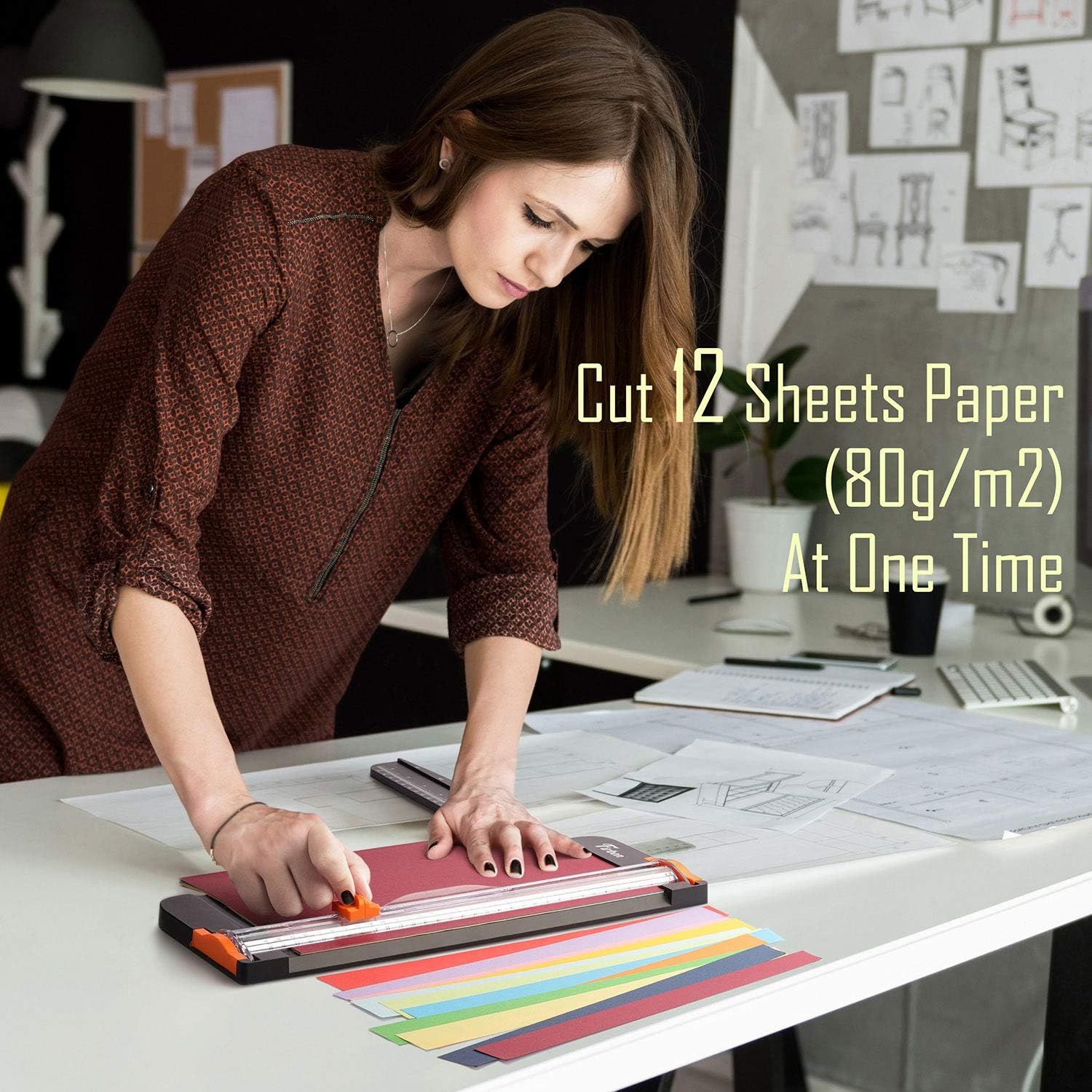 Communicates the paper cutter's capacity to cut 12 sheets of 80g/m2 paper at once, reassuring shoppers of its efficiency and capability for handling multiple sheets. Highlights the key benefit of…