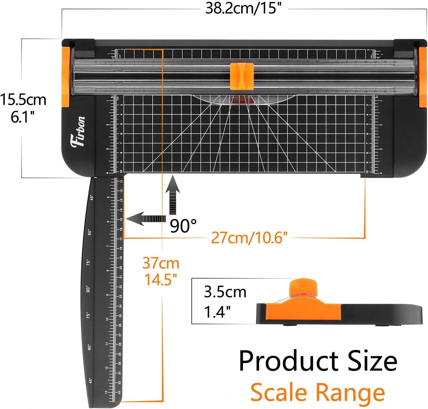 Communicates the exact physical dimensions of the paper trimmer and its cutting range to help shoppers understand the product's size and capabilities.
