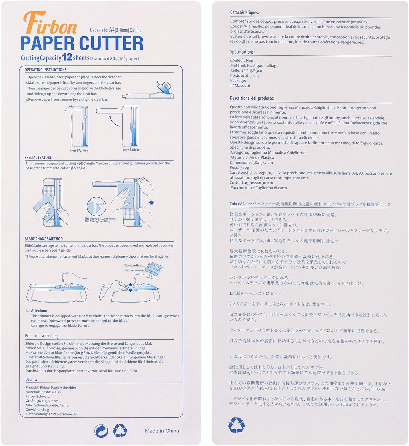This image provides step-by-step instructions on how to operate the paper cutter, change the blade, and use special features like angled cutting, helping shoppers understand the product's ease of…