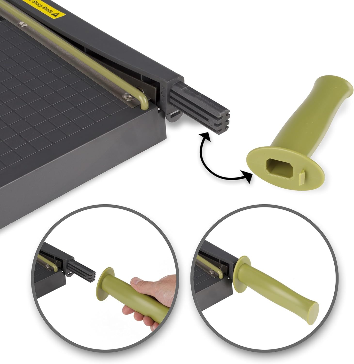 Demonstrates the simple process of attaching the ergonomic handle to the paper trimmer, reassuring shoppers that setup is quick and intuitive.
