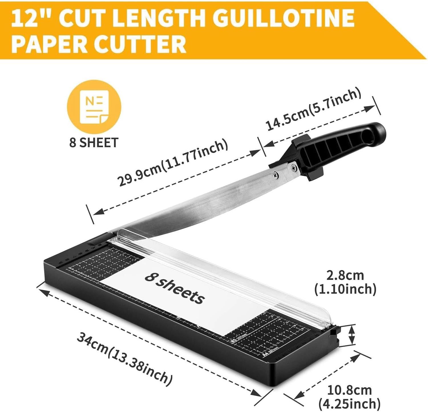 Communicates the exact physical dimensions of the paper cutter (length, width, height) with arrows and measurements to help shoppers understand the product's size and ensure it fits their workspace.…