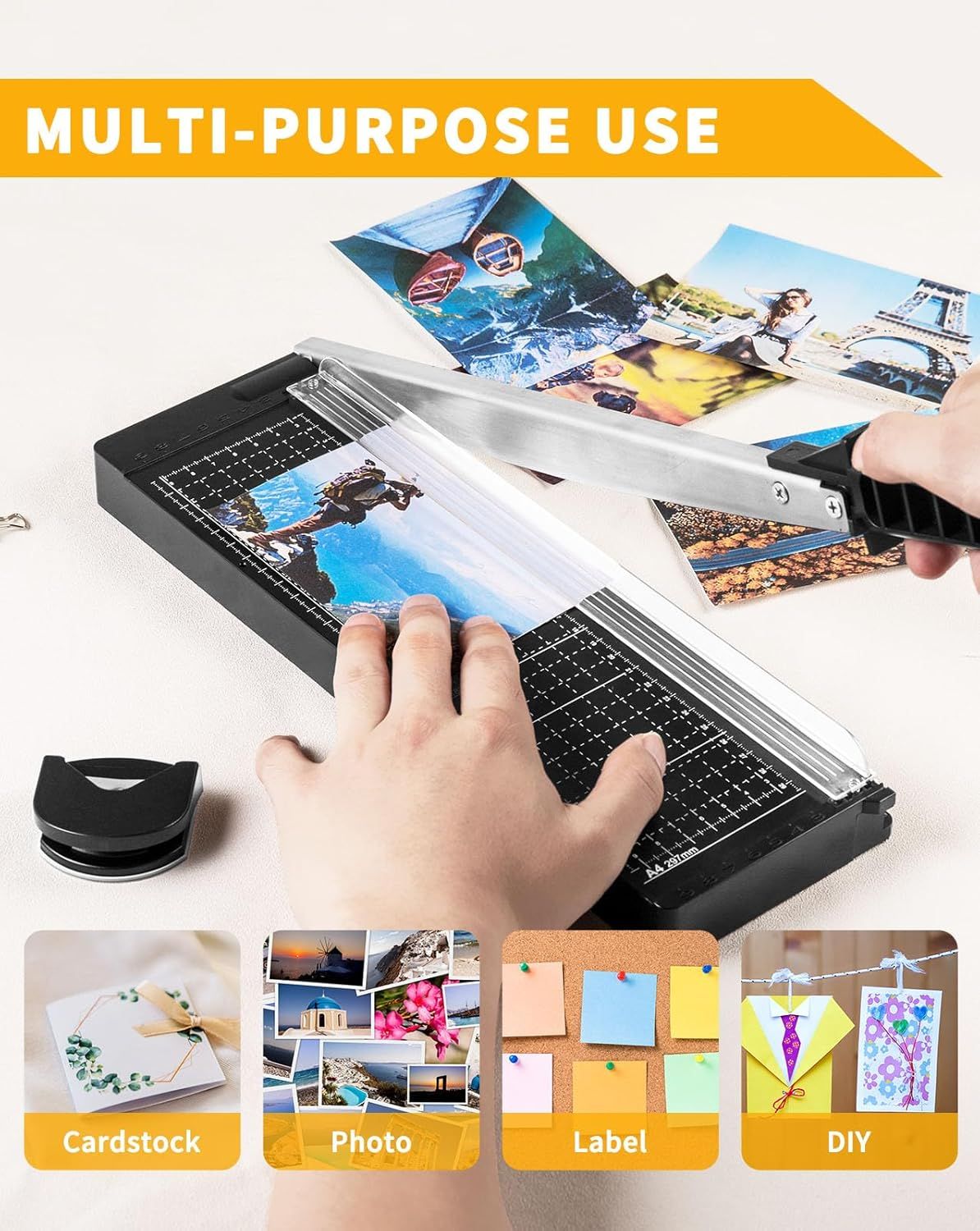 Demonstrates the versatility of the laminator/paper trimmer by showing multiple use cases including cardstock crafting, photo preservation, label making, and DIY projects to reassure shoppers of its…