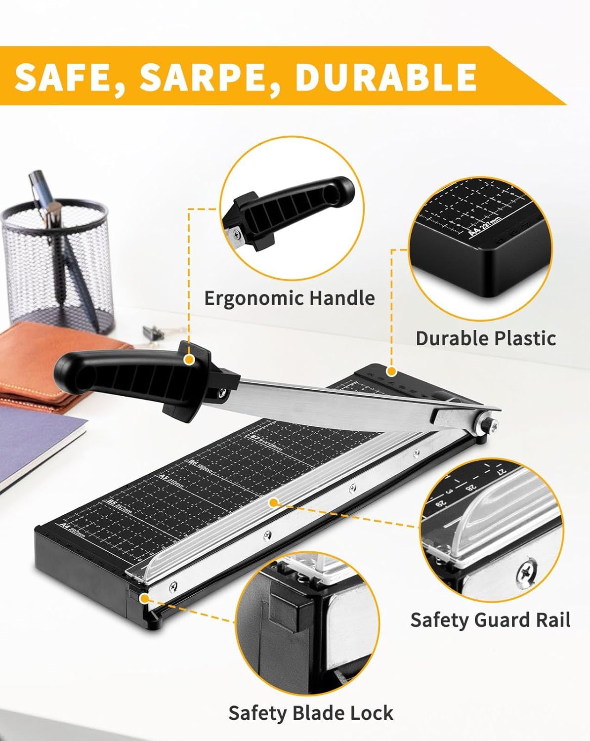 This image breaks down the physical components and safety features of the paper cutter to reassure shoppers about its quality construction and safe design. Highlights the safety features of the…