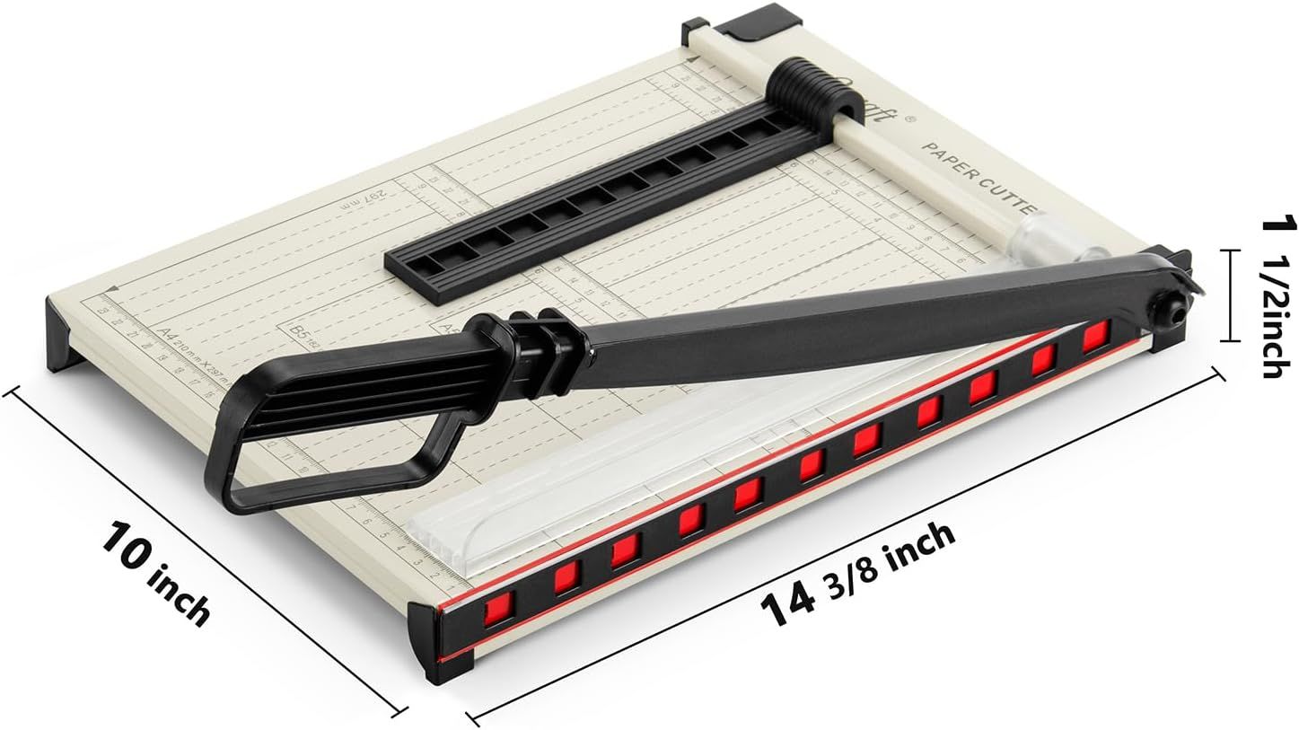 Communicates the exact physical dimensions of the paper cutter to help shoppers understand if it will fit their workspace and meet their size requirements.