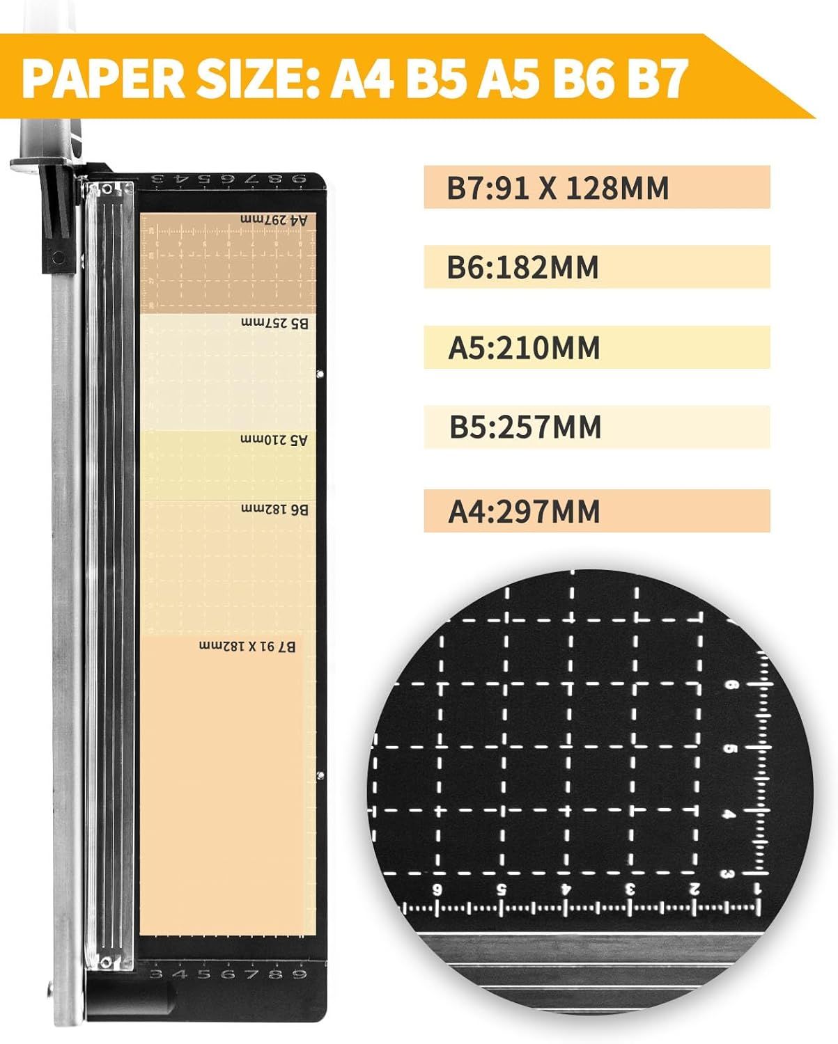 Communicates the paper trimmer's compatibility with multiple standard paper sizes (A4, B5, A5, B6, B7) and shows precise measurement markings to reassure shoppers they can accurately cut various…