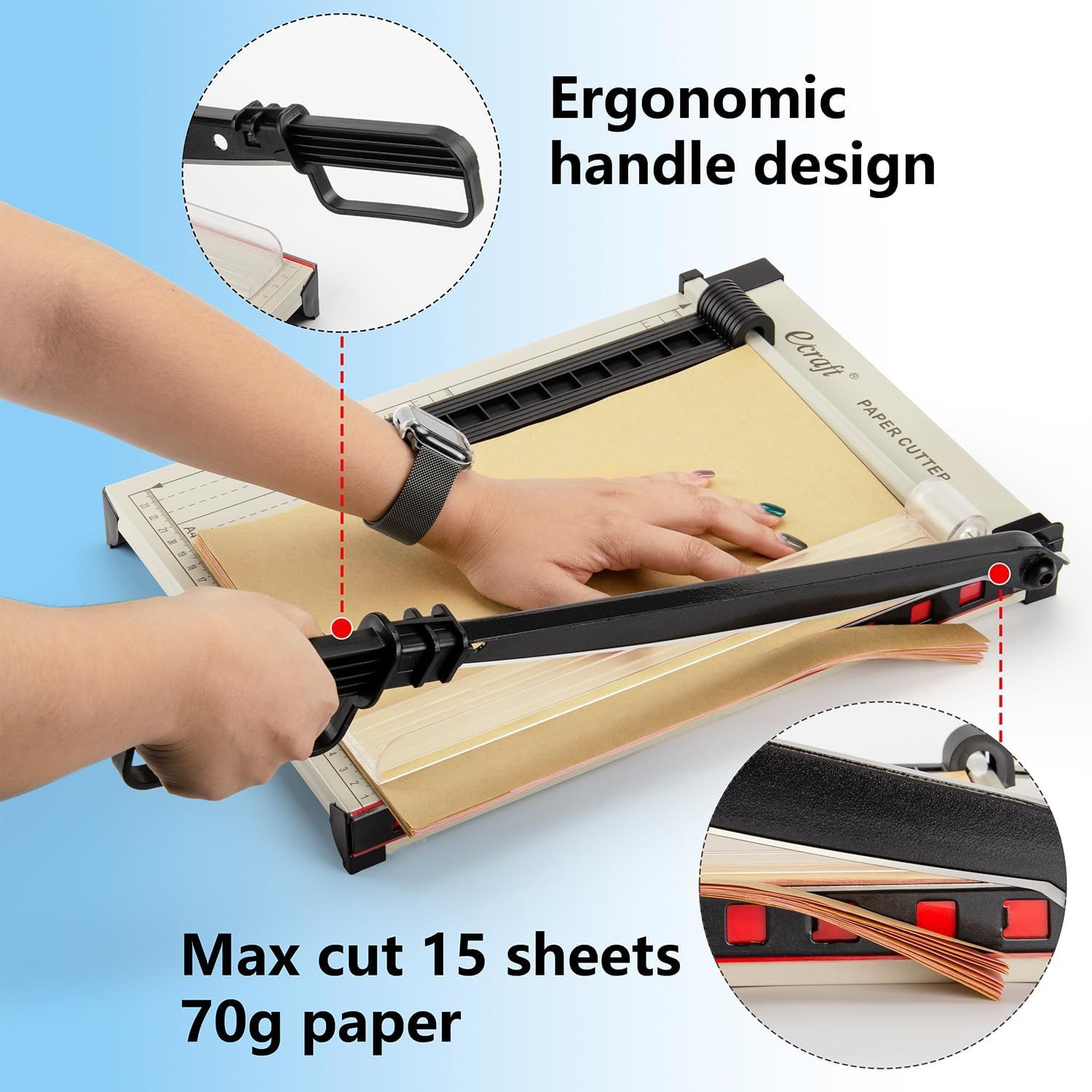 Highlights the ergonomic handle design and maximum cutting capacity (15 sheets of 70g paper) to reassure shoppers about comfort and performance capabilities. Communicates multiple distinct benefits…