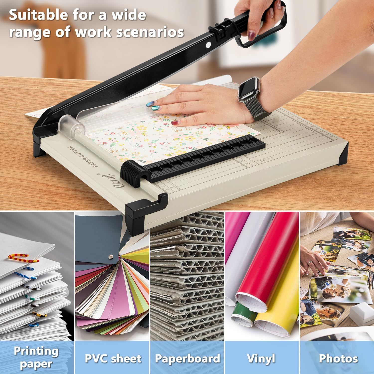 Demonstrates the paper cutter's versatility by showing it can handle multiple material types (printing paper, PVC sheets, paperboard, vinyl, photos) across various work scenarios, reassuring…