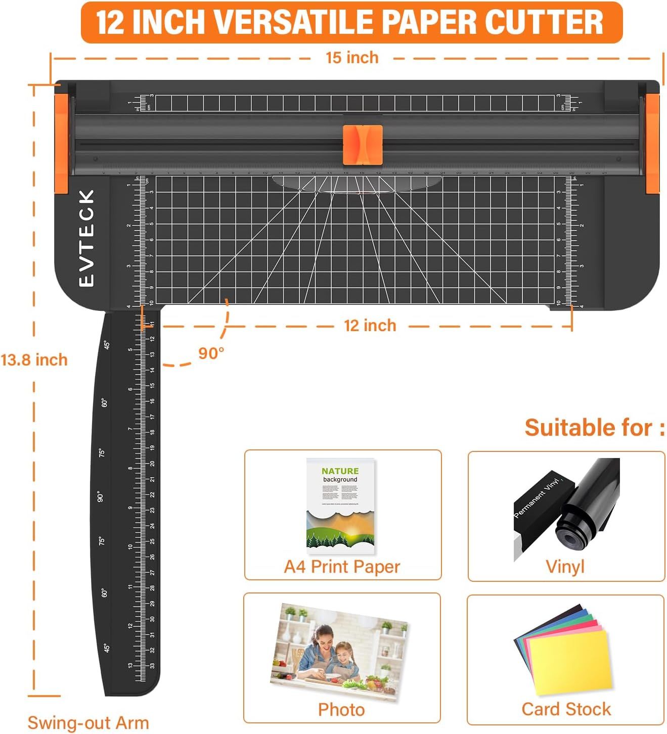 Communicates the exact physical dimensions of the paper cutter to help shoppers understand the size and cutting capacity of the product. Demonstrates the versatility of the paper cutter by showing…
