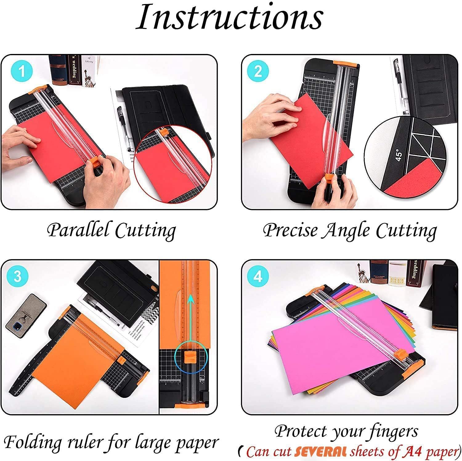 This image provides step-by-step instructions on how to use the paper trimmer for various cutting techniques, reassuring shoppers that the product is easy to operate and versatile.