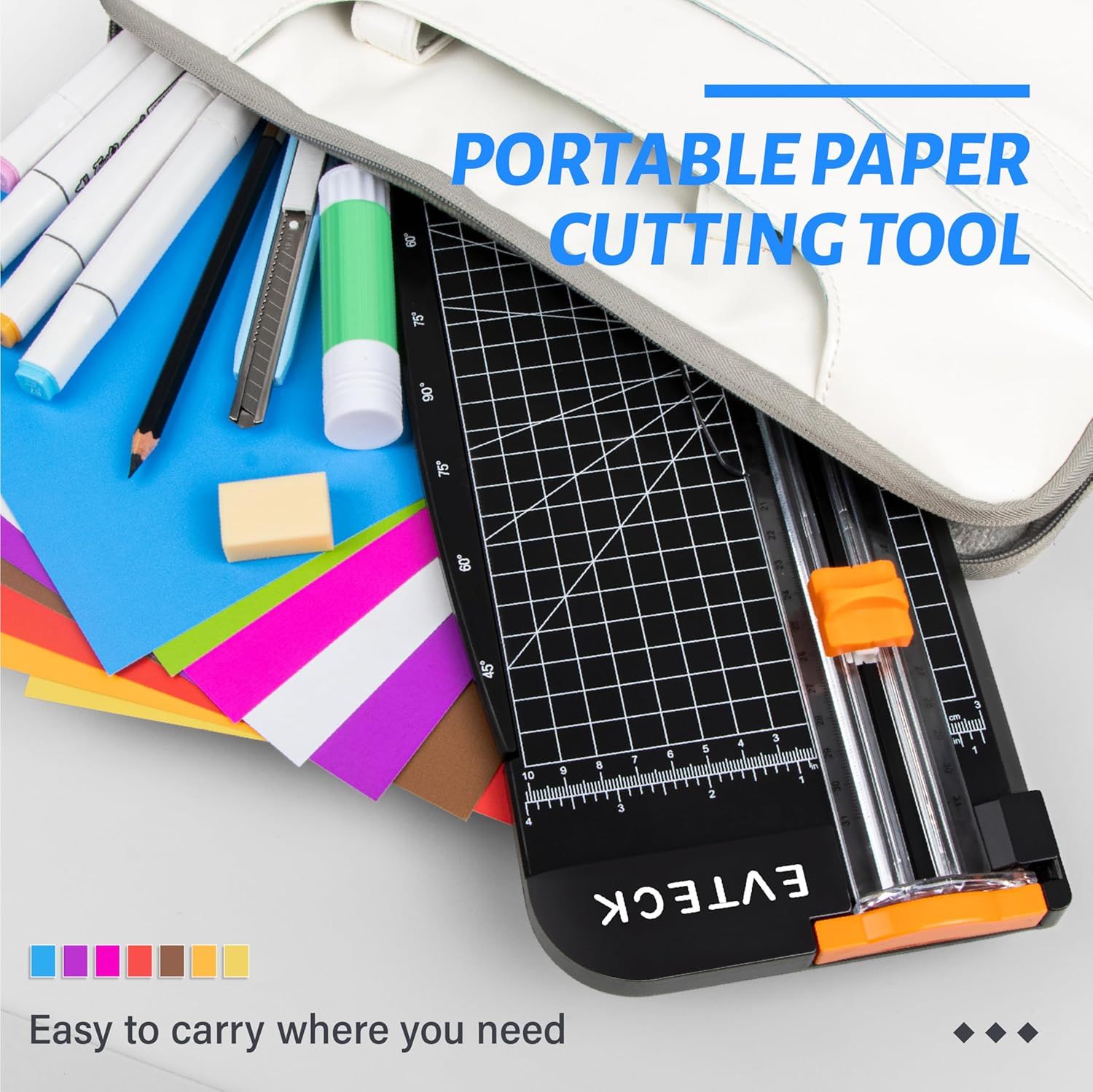 Communicates that the paper cutting tool is portable and easy to carry, making it convenient for crafters and professionals who need to work in different locations.