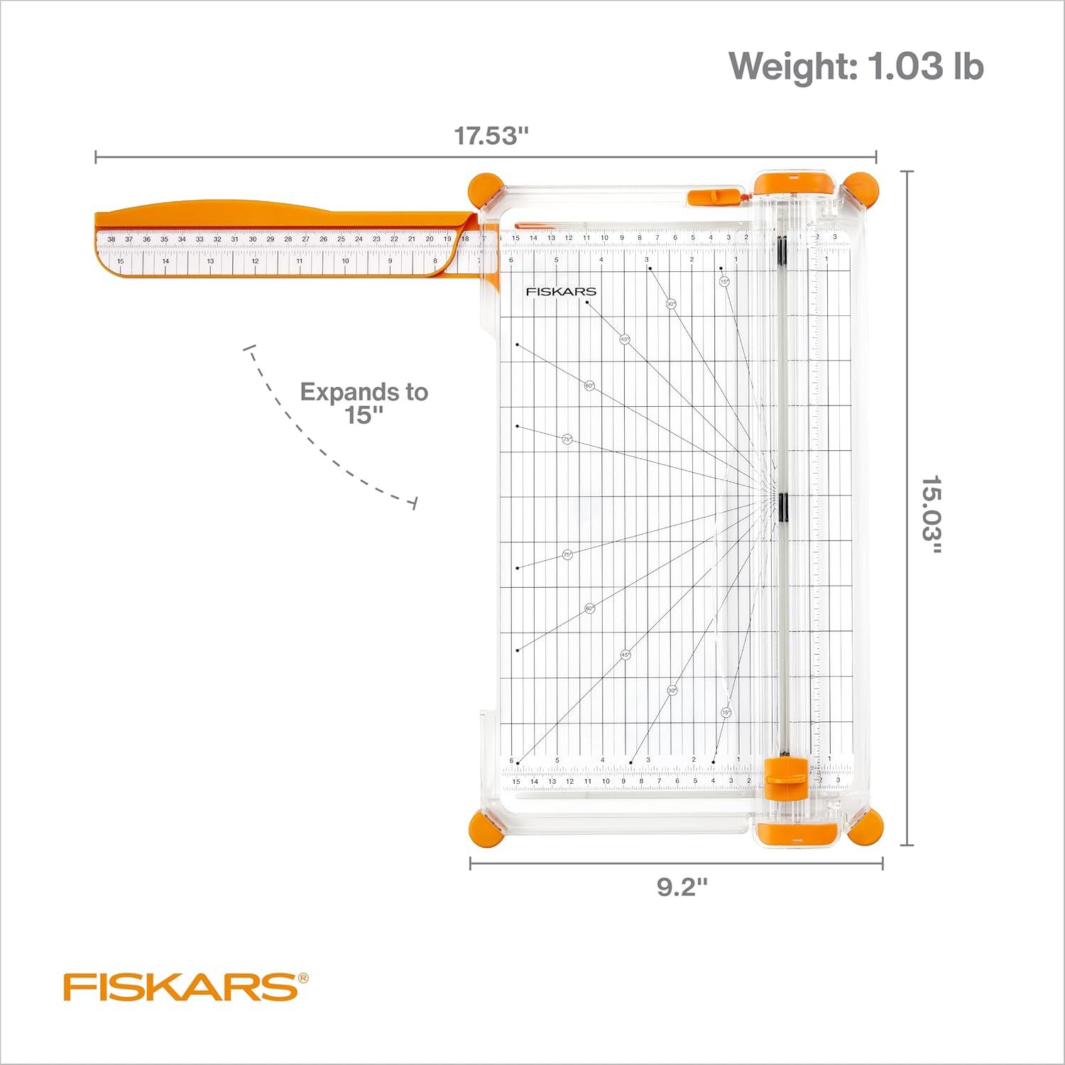 Communicates the exact physical dimensions (17.53" x 15.03" x 9.2"), weight (1.03 lb), and expandability (expands to 15") of the paper trimmer to help shoppers understand its size and portability.