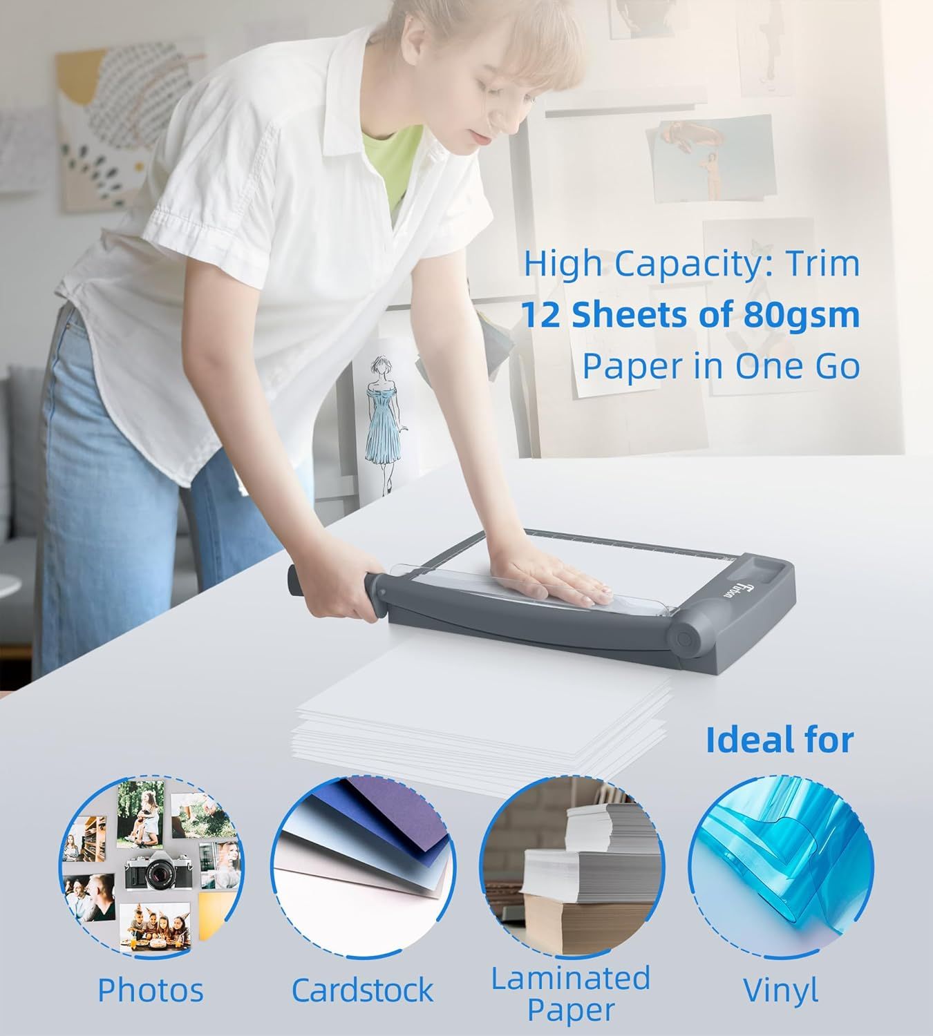 Communicates the paper trimmer's cutting capacity as a key performance metric, reassuring shoppers that it can handle multiple sheets at once for efficient trimming. Demonstrates the versatility of…